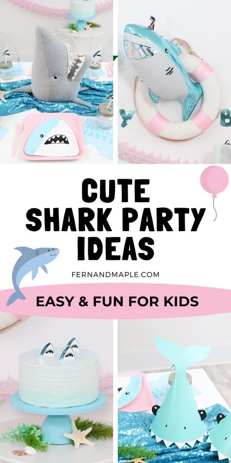 Tons of easy ideas for how to throw a cute Shark-themed party for Kids - perfect for birthday parties or fun Shark Week parties! Get all the Kid's Shark Party inspiration now at fernandmaple.com! Cute Shark Birthday Party, Shark Birthday Party Activities, Girl Shark Birthday Party, Shark Party Food, Shark Birthday Party Decorations, Backdrop Cake Table, Shark Birthday Party Ideas, Shark Party Ideas, Kids Birthday Party Activities