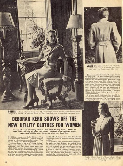 Deborah Kerr Newspaper Utility Clothes, Ration Book, Utility Clothing, Utility Fashion, Vintage Frocks, Wwii Fashion, Summertime Blues, Deborah Kerr, Fashion Decades