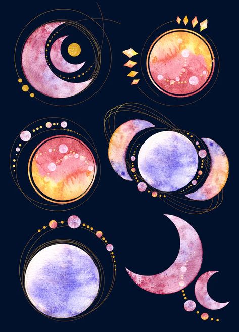 Watercolor astronomy clipart handpainted celestial set: moon | Etsy Pretty Galaxy, Astronomy Design, Galaxy Logo, Moon Stars Art, Dreamy Artwork, Detailed Coloring Pages, Magic Design, Celestial Art, Figure Drawing Reference