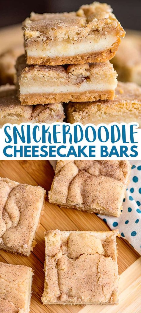 Snickerdoodle Cheesecake Bars - These Snickerdoodle Cheesecake Bars are so addicting. They have a golden Oreo crust, a creamy vanilla cheesecake center, and topped with a sugar cookie that's been rolled in a cinnamon-sugar coating. If you're looking for a cheesecake bar recipe that's over-the-top, this is the recipe for you. #thebestcheesecakerecipes #cheesecakerecipes Snickerdoodle Cheesecake Bars, Snickerdoodle Bars Recipe, Snickerdoodle Cheesecake, Snickerdoodle Bars, Cheesecake Bar, Cream Cheese Bars, Golden Oreo, Cheesecake Bar Recipes, Vanilla Cheesecake