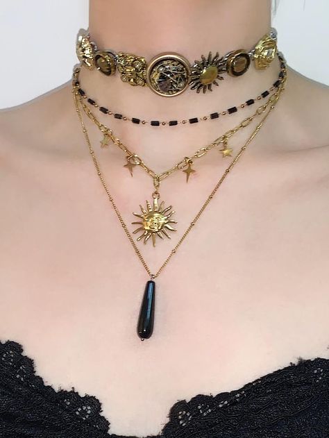 Party Jewelry | Three Fleas – Page 5 Lots Of Necklaces Aesthetic, Cool Jewelry Necklaces, Gold Alternative Jewelry, Wire Wrap Choker, Romani Jewelry, Whimsigoth Accessories, Layered Necklaces Aesthetic, Crazy Accessories, Whimsigoth Jewelry