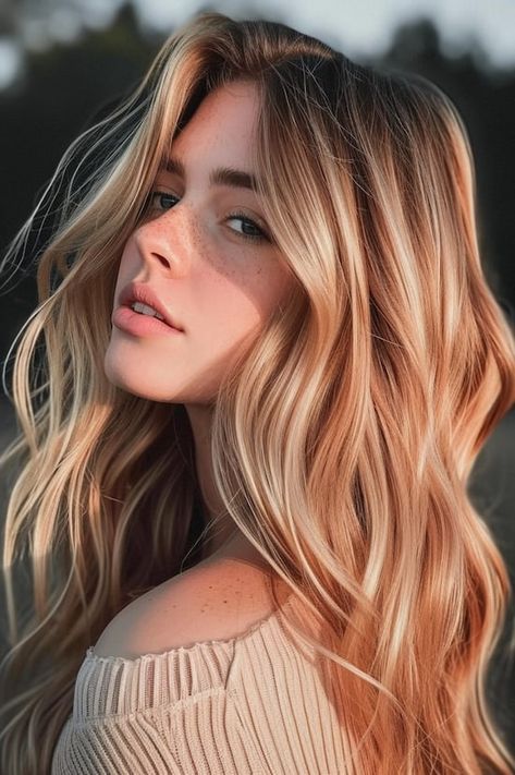 Copper Blonde With Highlights, Strawberry Highlights In Brown Hair, Dark Strawberry Blonde Hair With Highlights, Strawberry Blonde Dark Roots, Strawberry Blonde Brunette, Bright Strawberry Blonde Hair, Cinnamon Blonde Hair, Strawberry Blonde Highlights Brown Hair, Brown Hair Colors With Blonde