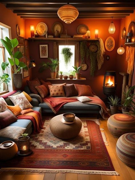 Home Decor Ideas Bedroom, Earthy Living Room, Bohemian Living Room Decor, Decor Ideas Bedroom, Living Room Orange, Boho Living Room Decor, Kitchen Home Decor, Eclectic Living Room, Decor Wallpaper