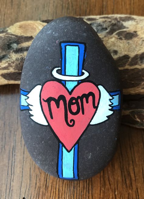 Mom rock Police Painted Rocks, Memorial Rock Painting Ideas, Rock Crafts For Kids, Memorial Rocks, Angel Ideas, Garden Rocks, Diy Rock Art, Rock Painting Ideas, Mothers Day Crafts For Kids