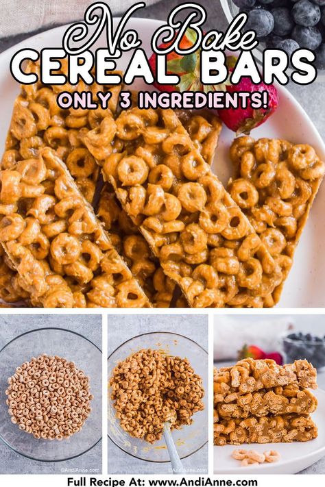 Breakfast Cereal Bars Healthy, Easy Brunch Recipes Healthy, Healthy Peanut Butter Breakfast Bars, Simple Snacks For Work, Few Ingredients Breakfast, Recipes That Use Cheerios, Cheerio Recipes Healthy, Cereal Bar Recipe Healthy, Healthy Grab N Go Breakfast