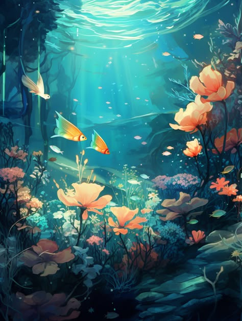 Underwater Garden Art, Underwater Mermaid Art, Fantasy Underwater Art, Underwater Illustration Art, Underwater Art Illustration, Underwater Art Painting, Underwater World Illustration, Underwater World Art, Under Water Art