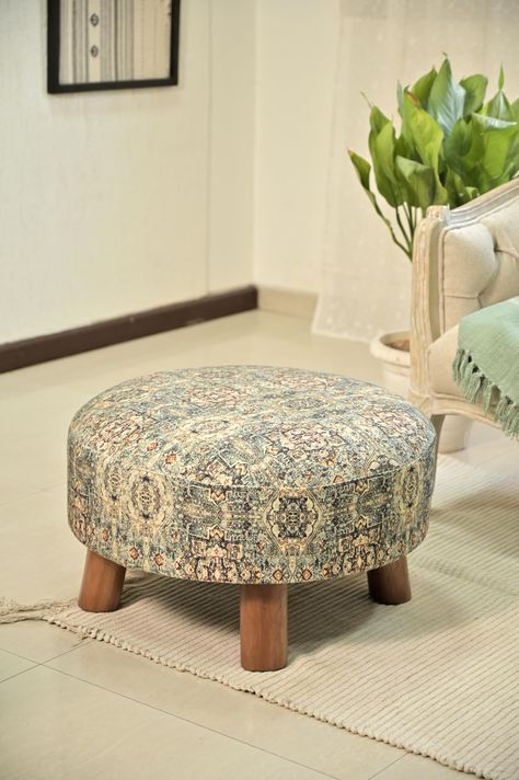 Foot Rest Ottoman Living Rooms, Patterned Ottoman Living Rooms, Small Ottoman Foot Stools, Patterned Ottoman, Cream Furniture, Wood Ottoman, Foot Rest Ottoman, Living Room Stools, Stool Covers