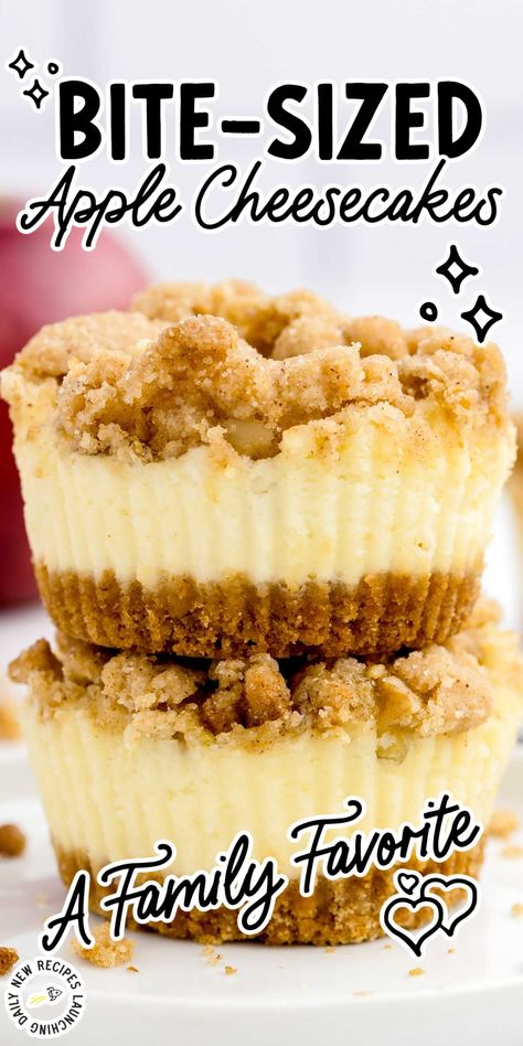 Our mini apple cheesecakes are full of so much yumminess including creamy cheesecake filling, juicy apples, and crumbly streusel. Apple Crumble Cheesecake Cupcakes, Apple Cheesecake Streusel, Apple Crumble Mini Cheesecake, Apple Cheesecake Muffins, Red Flower Cupcakes Ideas, Mini Apple Crumble Cheesecake, No Bake Mini Apple Cheesecakes, Apple Crisp Mini Cheesecake Cupcakes, Apple Crisp Cheesecake Cupcakes