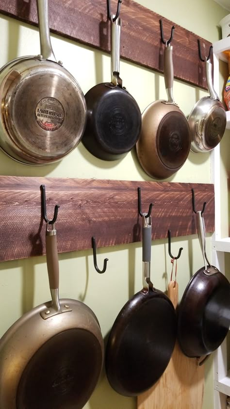 Pan Hooks Kitchen Hanging Pots, Frying Pan Storage Ideas, Frying Pan Storage, Pans Organization, Pantry Dimensions, Pan Hanger, Spice Kitchen, Pan Holder, Pantry Inspiration