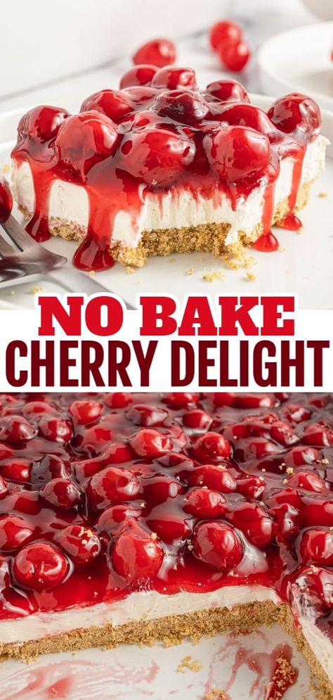 Cherry Delight is an easy no bake dessert with a graham crumb base, cream cheese and Cool Whip filling and topped with canned cherry pie filling. Cherry Flip Dessert, Cherry Pie Cream Cheese Recipe, Grandmas Cherry Delight Dessert, Easy No Bake Cherry Delight, Classic Cherry Delight Dessert, Cherry Delight Pie, Cherry Cream Cheese Pie Recipe, Cherry Breeze Dessert, Cherry Layered Dessert