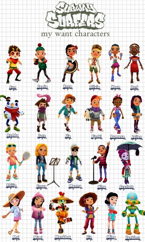 subway surfers check-list my wanted characters: sun, Jamie, rosa, Olivia, noon, zuri, Buddy, Jaro, Jia, Bjarki, Ramona, Jolien, Philip, freya, Manny, Nina, Scarlett, Mei, Mimi, Monkbot, Liu, Ming, Tankbot (1 part) Yutani And Jake Subway Surfers, Miss Maia Subway Surfers Fanart, Miss Maia Subway Surfers, Subway Surfers Cosplay, Subway Surfers Pfp, Subway Surfers Characters, Subway Surfers Fanart, Subway Surfers Icon, Surfer Costume