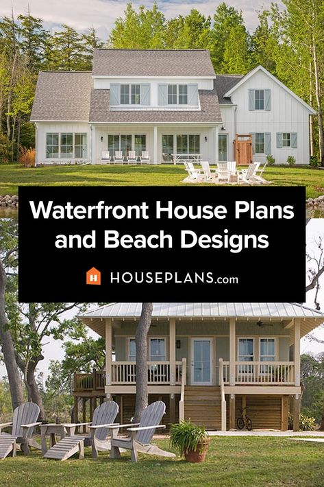 two-story white farm style house exterior with lake Waterfront Home Plans, Simple Beach House Plans, Beach House On Stilts Plans, Small Beach House Plans, Small Beach House Plans On Pilings, Raised Beach House Plans Coastal Homes, Simple Beach House, Modern Beach House Plans Ocean Views, Coastal Home Plans Elevated