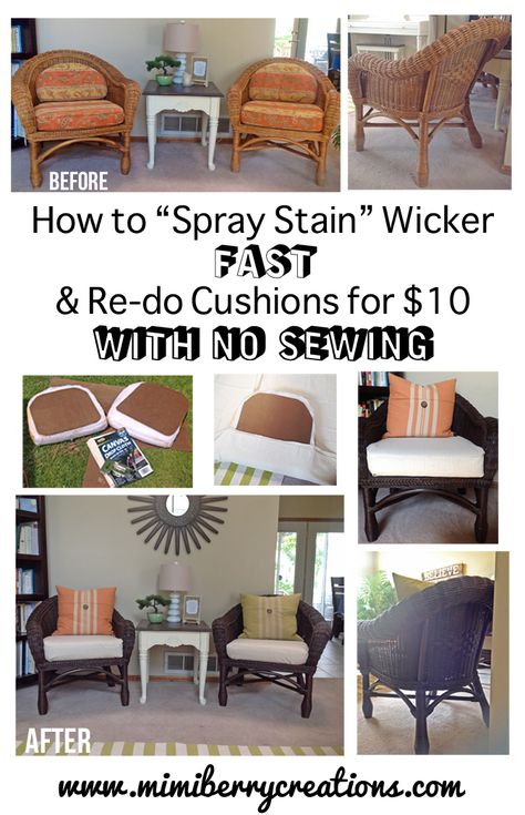 How to spray gel stain or regular stain. It's quick, easy, and looks professional. Especially useful when updating wicker furniture. Also how to change cushions for $10 without sewing! A no-sew solution for upholstery redos. Entire transformation of two chairs takes about an hour! Wicker Chair Makeover, Cottage Sunroom, Painting Wicker, Wicker Makeover, Paint Wicker, Wicker Furniture Makeover, Wicker Furniture Cushions, Painting Wicker Furniture, Florida Furniture