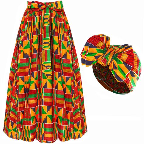 PRICES MAY VARY. 【Outfits Accessories】1PCS African Print Skirt, 1PCS African Head Wraps, 1PCS Wooden Drop Dangle Earrings. Women's skirts with two deep side pockets, easy to carry mobile phones, keys. Loose fit, flowy skirt, chic, perfect for summer, fall, winter. 【Quality Material】If you want a loose style, please choose a one size up! This boho skirt is made of lightweight, breathable and skin-friendly fabric. Smooth, good elasticity, super comfy to wear in spring and summer. 【Unique Design】Th African Skirts For Women, Dashiki Skirt, Traditional Skirts, Womens Long Skirt, American Dress, African Print Skirt, Earth Mother, African Skirts, African Fashion Skirts