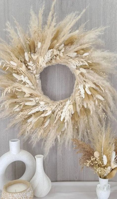 dimensional neutral wreath Dried Floral Wreath, Pampas Grass Wreath, Neutral Wreath, Dried Floral Wreaths, Grass Backdrops, Grass Wreath, Dried Flower Wreath, Dried Wreath, Boho Wreath