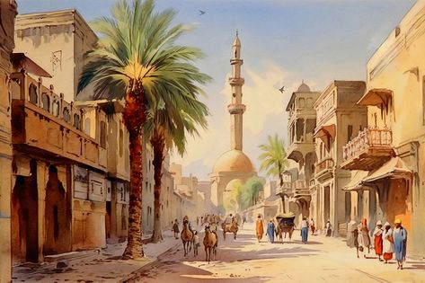 Ancient Arabian Architecture, Arab Landscape, Egypt Streets, Islamic Landscape, Arabian Landscape, Egypt Drawing, Egypt Landscape, Egypt Painting, Arabic Painting