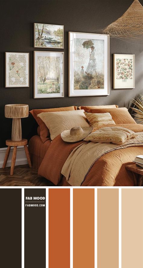 Burnt Orange Bedroom Color Scheme, Rust Bedroom Colour Palettes, Grey Cream And Terracotta Bedroom, Brown And Terracotta Bedroom, Dark Teal And Terracotta Bedroom, Black And Sand Bedroom, Sand Color Interior Design, Terracotta Bedroom Palette, Guest Bedroom Ideas Terracotta