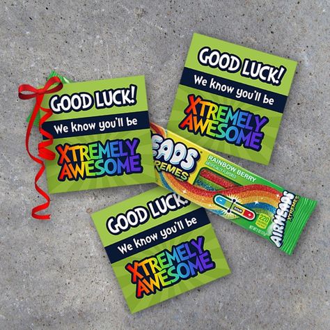 "Wish someone special GOOD LUCK on their next game, competition, exam, interview, try out, or performance! Simply print these \"Good Luck! We know you'll be XTREMELY AWESOME!\" tags and attach them to Airheads Xtremes for a quick and easy gift anyone will love! You can also pair them with Xtreme Candy Spray, Xtreme Smarties or any kind of \"xtreme\" candy! Print one for your favorite person OR print a bunch and surprise the entire team or squad with these fun treats! Instantly upon purchase, you Good Luck Grams, Game Day Candy Sayings, Cheer Treats Good Luck, Theater Good Luck Gift, Good Luck Snacks For Sports, Wrestling Treat Bags, Good Luck At State Gifts, Game Day Goodie Bags Football, Good Luck Gifts For Cheerleaders