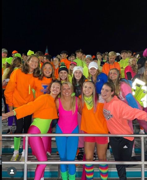 Rave Outfits For Football Game, 80s Student Section Theme, Neon Glow Football Theme, 80s Theme Football Game Outfit, Neon Night Football Theme, 80s Football Theme, Football Game Neon Theme, Neon Hoco Theme Outfit, Barbie Football Theme