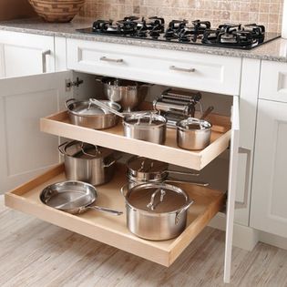 Pot And Pan Drawer Design Ideas, Pictures, Remodel and Decor Pan Storage Kitchen, Organiser Cucina, Kitchen Pots, Desain Pantry, Kabinet Dapur, Storage Idea, Farmhouse Kitchen Cabinets, New Kitchen Cabinets, Kitchen Cabinets Makeover