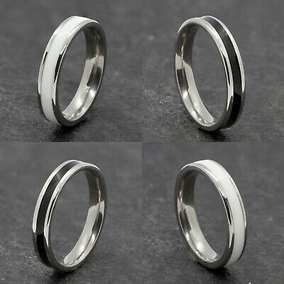 4mm Stainless Steel Silver Ring - Mens Womens Black White Wedding Band - Unisex | eBay Black Silver Ring For Men, Men's Wedding Rings Black And Silver, Formal Silver Platinum Bands, Mens Band Rings Flat Black, Men’s Wedding Bands Black And Silver, Black And White Rings, Mens Ring Designs, Ring Mens, Black White Wedding