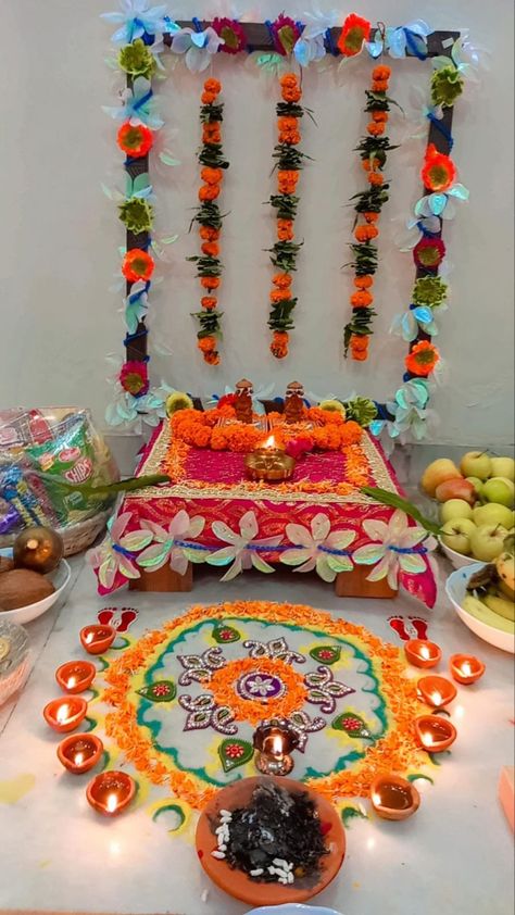 Diwali pooja decoration Diwali Decoration For Mandir, Mandir Decoration For Diwali, Pooja Mandir Decoration Ideas, Diwali Pooja Setup, Diwali Lakshmi Pooja Decoration Ideas, Diwali Mandir Decoration, Lakshmi Pooja Decoration Ideas, Diwali Pooja Decoration, Lakshmi Pooja