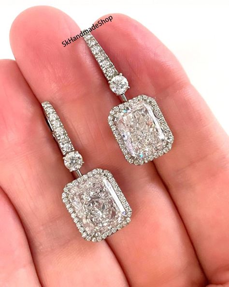 Buy Solid 18k Gold Dangle Drop Earrings, Pretty 7 TCW Radiant Cut Colorless Moissanite Earrings, Halo Engagement Earrings, Lever Back Earrings Online in India - Etsy Earrings Pretty, Oversized Earrings, Engagement Earrings, Moissanite Earrings, Gold Engraving, Radiant Cut, Diamond Drop Earrings, Online Earrings, Halo Engagement