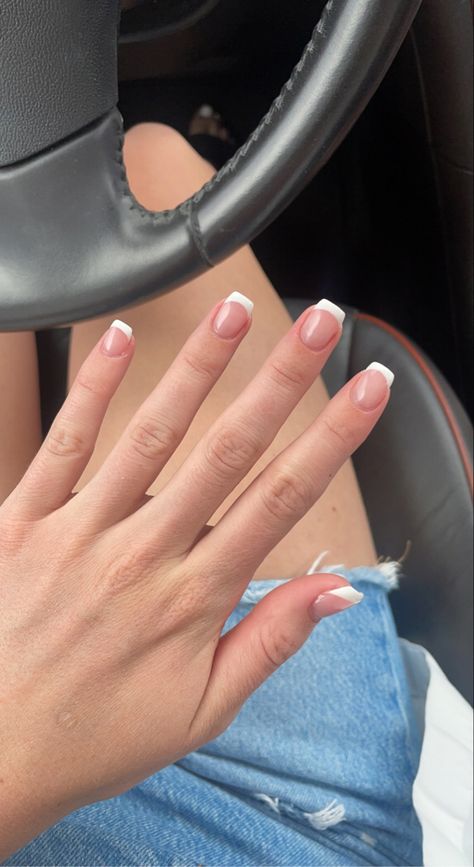 white French tip short style nails inside car with mid thigh denim shorts, clean girl aesthetic White French Tips Short Square, White French Tip Acrylic Nails Square, Cute White French Tip Nails Acrylic, Cute Nails Acrylic Short French Tip, White Short French Tips, Short White Tip Nails With Design, French Tip Coffin Short, Short Square White French Tip Nails, French Tip Nails White Short