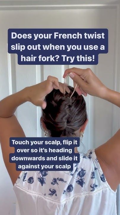 Learn how to use a french pin, alco called a hair fork, to secure a french twist. Cute, elegant hairstyle, perfect for fall. Fork Pin Hairstyles, French Pin Thick Hair, Fera Faucet Hair, French Twist Clip, French Hair Pin Short Hair, French Pin Hairstyles Long Hair, How To Use U Shaped Hair Pins, How To Use A Hair Pin, French Twist Long Hair