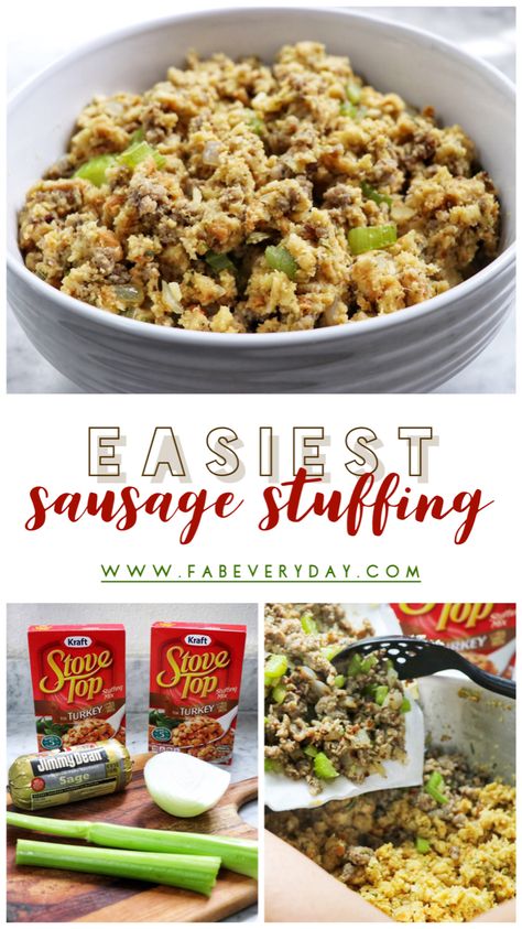 Easiest Sausage Stuffing Recipe - Thanksgiving Side Dish Hack! - Fab Everyday Stuffing Recipes Thanksgiving Sausage Easy, Sausage Stuffing Using Stove Top, Sausage Turkey Stuffing Recipe, Stuffing And Sausage Recipes, Sausage And Stove Top Stuffing, Sausage Stove Top Stuffing, Stuffing With Pork Sausage, Sausage Stuffing With Stove Top, Stove Top Stuffing With Sausage Recipes