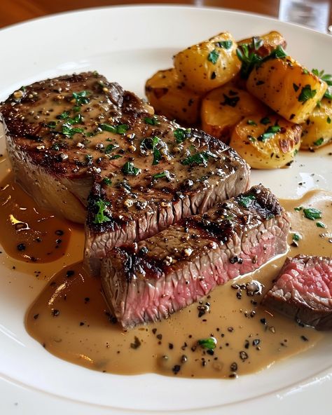 CLASSIC STEAK DIANE 🥩 Ingredients: 4 beef tenderloin steaks (about 6 oz each) 2 tbsp unsalted butter 2 tbsp olive oil 1 small shallot, finely chopped 2 cloves garlic, minced 1/2 cup beef broth 1/4 cup brandy or cognac 1/4 cup heavy cream 2 tsp Dijon mustard 2 tsp Worcestershire sauce 1 tbsp fresh parsley, chopped Salt and black pepper to taste Directions: Step 1: Prepare the Steaks Season the beef tenderloin steaks generously with salt and black pepper on both sides... Beef Tenderloin Steaks, Best Steak Seasoning, Small Chops, Panda Food, Steak Diane, Food Steak, Tenderloin Steak, Black Food, Beef Tenderloin