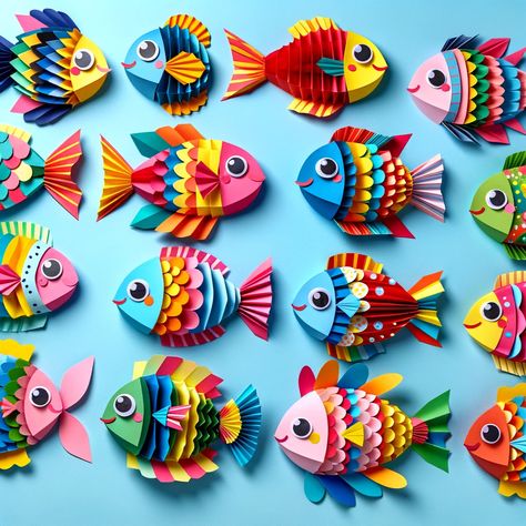 Fish paper craft Coffee Filter Fish, Diy Fish Craft, Fish Projects For Kids, Paper Craft Art, Craft Fish For Kids, 3d Fish Craft, Fish Diy Crafts, Fish Art And Craft, Fish Arts And Crafts