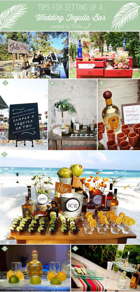 Tips for How to Set Up a Tequila Bar at Your Wedding | as featured on the Wedding Bistro at Bellenza. #tequilabarweddings #tequilabar Tequila Tasting Bar Wedding, Tacos And Tequila Wedding Reception, Diy Tequila Bar, Tequila Bar Decor, Tequila Tasting Bar, Outside Party Set Up Ideas, Cocktail Bar Decor Ideas, Tequila Bar Ideas, Tequila Bar Wedding