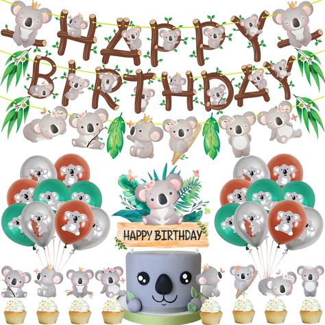 PRICES MAY VARY. ❤【39pcs Koala birthday party decoration set】Koala birthday party decoration set includes: 1pcs "Happy Birthday" banner; 1pcs koala theme garland; 12pcs latex balloons in 4 patterns; 1pcs "Happy Birthday" cake topper and 24pcs cupcake toppers in 8 patterns. Super nice decor for koala theme birthday party, animal theme party, baby shower party. ❤【Cute koala birthday party supplies】Happy birthday banner and koala garland are made of high quality card stock, pattern double-sided pri Koala Birthday Party, Koala Birthday, Jungle Animals Party, Balloons Cake, Rainbow Party Decorations, Cupcake Decorations, Banner Garland, Jungle Birthday, Birthday Party Tables