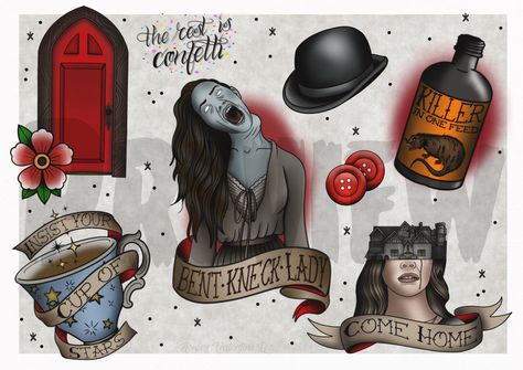 Haunting Of Hill House Tattoo, Hill House Tattoo, Horror Movie Tattoos, Haunting Of Hill House, House Tattoo, Movie Tattoo, Skin Drawing, Movie Tattoos, Flash Sheet