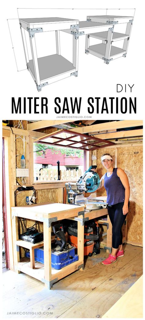 A DIY tutorial to build a miter saw station. Make this super sturdy miter saw table to fit your miter saw using my free plans. #shopfurniture #workshop Miter Saw Storage Ideas, Miter Saw Station, Workshop Table, Saw Station, Mitre Saw Station, Cabinet Woodworking Plans, Saw Table, Miter Saw Table, Cabinet Plans