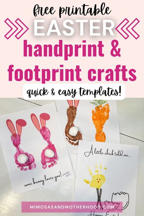 Looking for a simple and easy Easter craft? Grab this set of free printable handprint and footprint Easter crafts for toddlers & preschoolers, with cute Easter chicks, Easter bunnies and carrots! Easter Foot Prints For Toddlers, Diy First Easter Crafts, Easter Crafts For Babies Easy, Preschool Easter Crafts For Parents, Easter Hand And Footprint Crafts, Easter Chick Handprint Craft, Easter Crafts For Toddlers Printables, Easter Bunny Footprint Craft, Free Printable Handprint Template