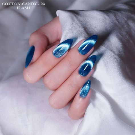 Red White And Blue Cat Eye Nails, Blue Donut Glaze Nails, Azure Blue Nails, Unquie Nails, Summer Nails Cat Eye, 3d Cat Eye Nails, Blue Christmas Nails Almond, Blue Cats Eye Nails, Cat Eye Blue Nails