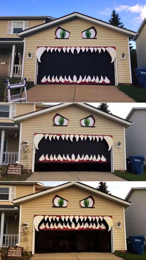 Best Diy Halloween Decorations Outside, Halloween Monster Garage Door, Monster House Decoration Halloween, Creative Outdoor Halloween Decor, Monster House Decor, Monster Garage Door, Spooky Garage Halloween, Monster Bushes Halloween, Halloween Monster House Decorations