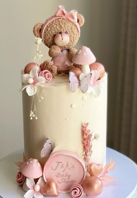 Teddy Bear Birthday Cake, Bear Baby Shower Cake, Pink Baby Shower Cake, Bear Baby Shower Theme, Baby First Birthday Cake, Teddy Bear Cakes, 1st Birthday Cakes, Beautiful Birthday Cakes