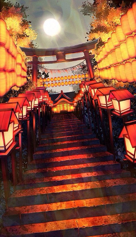 Paper Lantern houses on side of stairs Japanese Festival, Shinto Shrine, Japon Illustration, Japan Aesthetic, Fantasy Places, Japan Photo, Japanese Aesthetic, Fantasy Art Landscapes, 판타지 아트