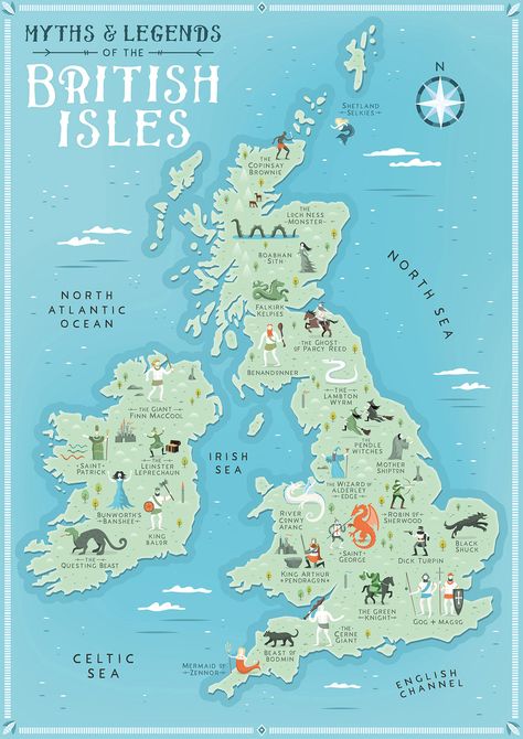 British Isles Map, British Isles Cruise, Map Of Britain, Roi Arthur, Myths And Legends, Loch Ness Monster, Fantasy Map, The United Kingdom, Illustrated Map