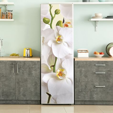 Vinyl Fridge, Fridge Decoration, Refrigerator Wrap, Fridge Wrap, Fridge Decals, Refrigerator Wraps, Wrap Flowers, Orchid Design, Bookcase Door