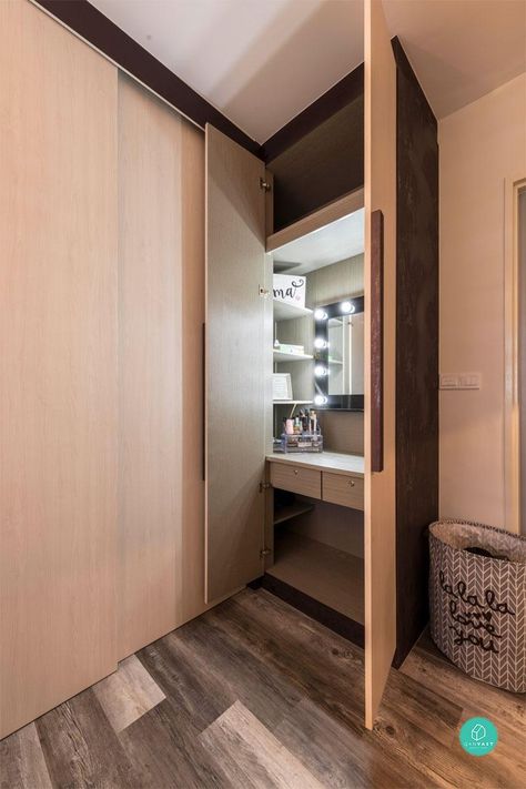 Mind Blown: 7 Genius, Secret Ways to Hide Everything at Home Hidden Vanity In Wardrobe, Table Inside Cabinet, Concealed Dressing Table In Wardrobe, Makeup Table Inside Wardrobe, Vanity Inside Wardrobe, Built In Dressing Table Wardrobe, Hidden Dressing Table Ideas, Hidden Vanity In Closet, Hidden Dresser In Wardrobe