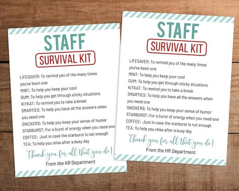 Staff Survival Kit, Holiday Survival Kit, Candy Bar Gifts, Survival Kit Gifts, Appreciation Gifts Diy, Staff Appreciation Gifts, Survival Kit For Teachers, Teacher Survival, Staff Gifts