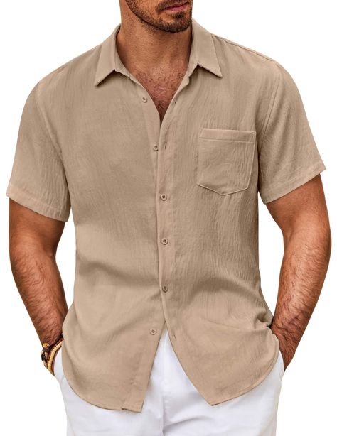 PRICES MAY VARY. PREMIUM FABRIC---COOFANDY mens button down shirt is made of lightweight textured material, which is comfy, breathable and easy to move around in, ensuring you stay cool in the summer heat. CLASSIC DESIGN---The mens short sleeve shirts features with chest pocket and button down closure and regular fit. Crafted for comfort and designed for a laid-back look, this shirt effortlessly combines fashion and functionality. STYLISH MATCH---Available in a range of colors, this summer shirt Men Tropical Vacation Outfits, Short Sleeve Linen Shirt Men, Tropical Outfit Ideas Men, Resort Chic Attire Men, Vacation Men’s Fashion, Maldives Clothes, Cancun Outfits Men, Miami Outfits Men, Mens Short Sleeve Shirts