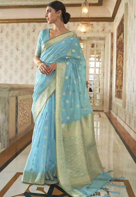 Light Blue Saree, Sky Blue Saree, Glamorous Saree, Blue Silk Saree, Turquoise Blouse, Saree Bollywood, Bridesmaid Saree, South Silk Sarees, Silk Weaving