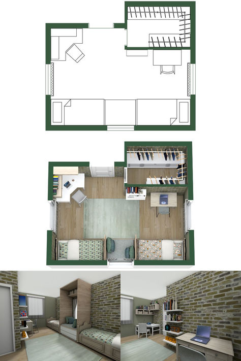 A beige and green 2D and 3D small twin bedroom idea with two single beds, two desks, and a closet. Twin Sharing Bedroom Ideas, Small Twin Bedroom, Twin Bedroom Idea, Twin Bedroom Layout, Sharing Bedroom Ideas, Bedroom For Siblings, Sharing Bedroom, Shared Bedroom, Twin Bedroom