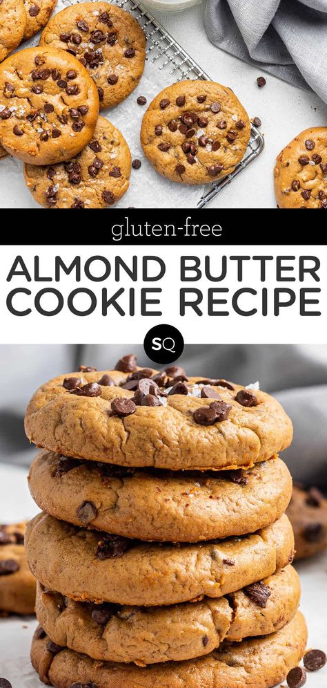 These healthy Almond Butter Chocolate Chip Cookies are incredibly soft and gooey in the center. They're made with eggs, almond butter, and oat flour, making them extremely rich, flavorful, and satisfying. Also gluten-free and refined sugar-free! They're great for meal prep because you can make them ahead of time and then enjoy them as a dessert or snack whenever. Don't miss how to make these almond butter chocolate chip cookies and a list of other healthy chocolate chip cookies on the blog! Flourless Almond Butter Cookies, Almond Butter Protein Cookies, Almond Butter Oats, Almond Butter Sandwich, Almond Butter Healthy Snacks, Gluten Free Almond Butter Cookies, Healthy Almond Butter Cookies, Healthy Almond Cookies, Almond Butter Dessert Recipes