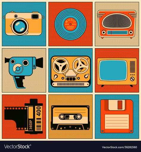 Vinyl Illustration Graphics, Retro Design Elements, Retro Vintage Poster, Camera Illustration Design, Retro Tv Illustration, Camera Graphic Design, Audio Illustration, Retro Moodboard, Vinyl Illustration